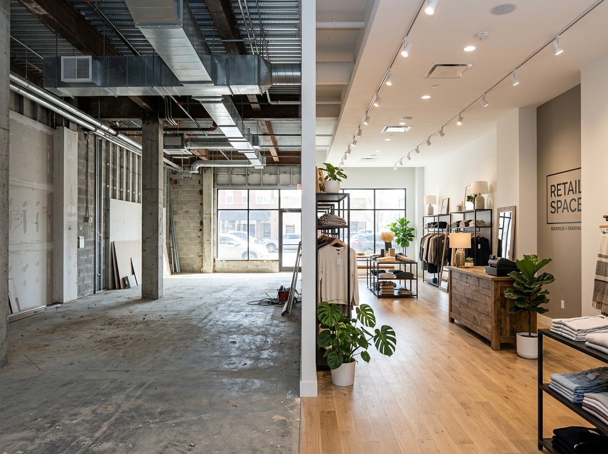 Side-by-side comparison of a shell retail space before renovation and the same space after a completed turnkey build-out