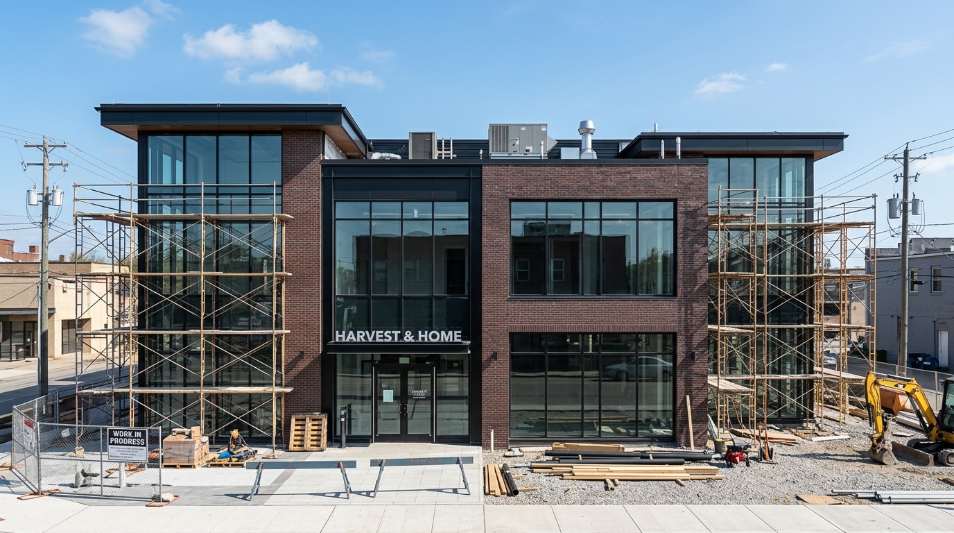 Finished retail storefront exterior showing brick facade and glass entrance during final construction stages