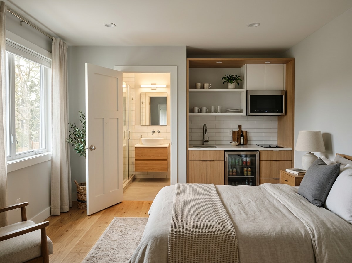 In-law suite addition with bedroom, bathroom, and kitchenette attached to a Vestavia Hills home