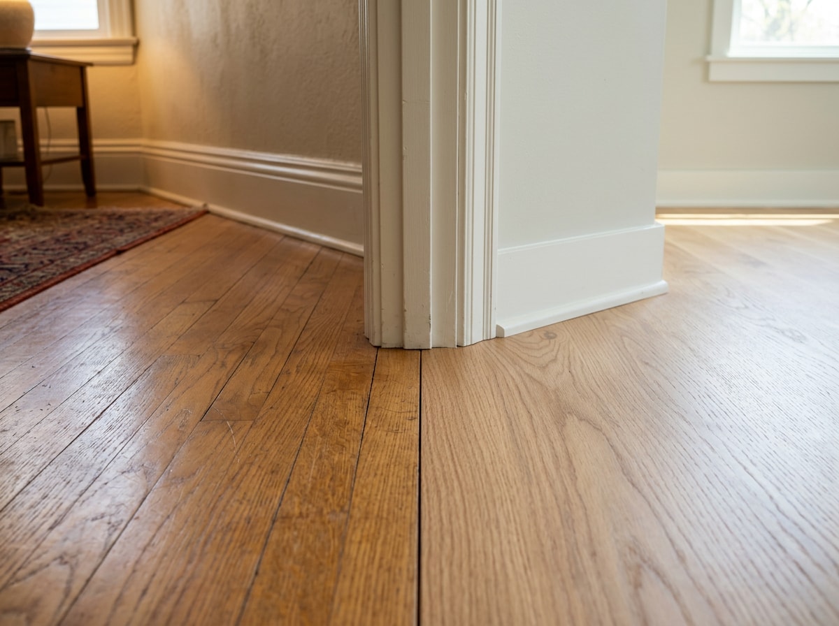 Flush floor transition between an original room and a new addition in a Vestavia Hills home