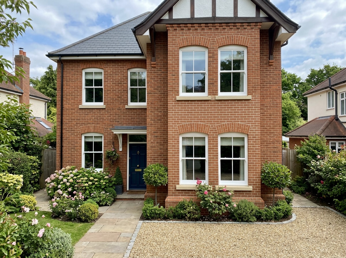 Completed residential scaffolding project with finished exterior masonry work visible