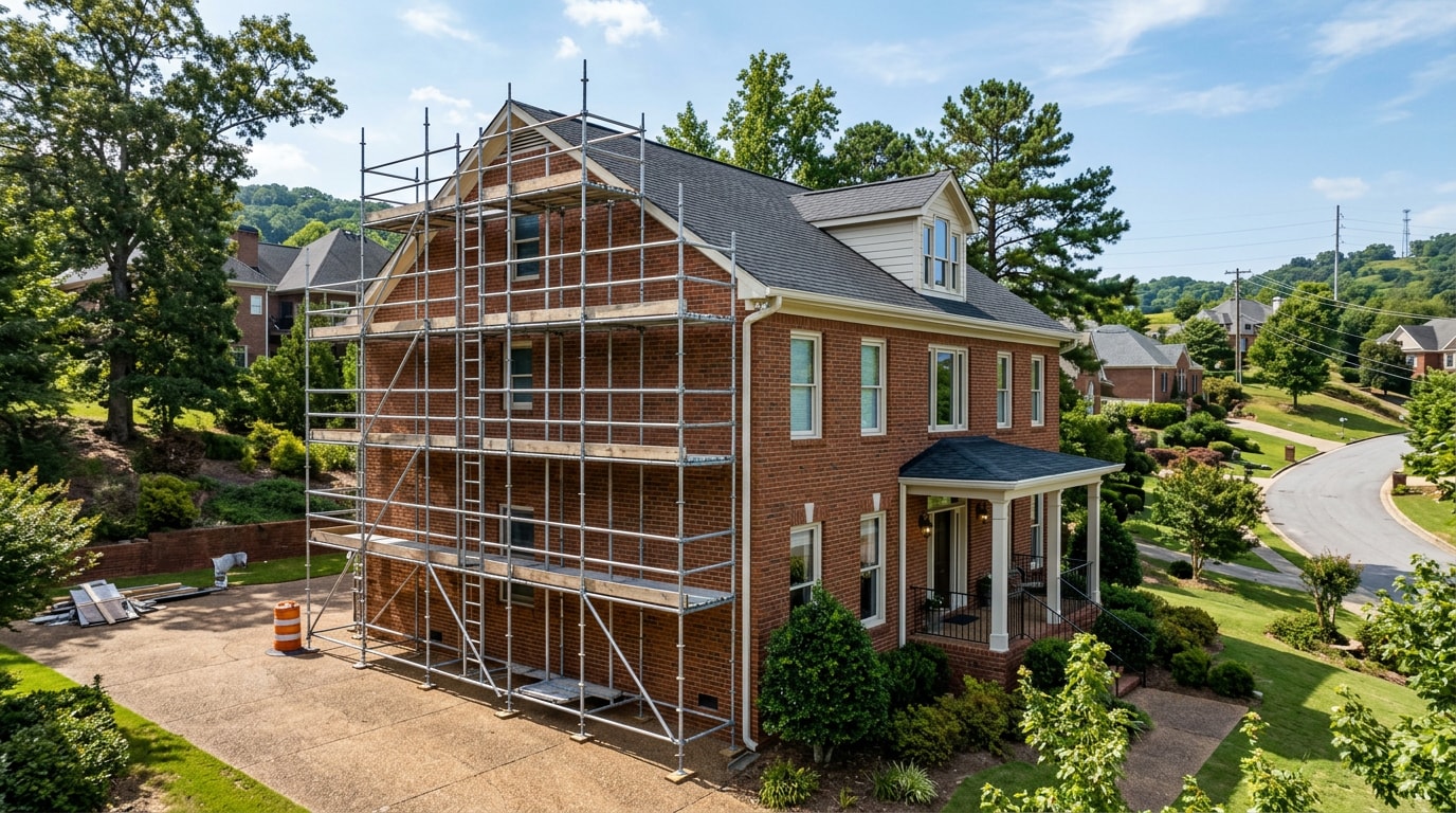 Scaffolding assembled along the exterior of a two-story home in Vestavia Hills, AL Scaffolding assembled along the exterior of a two-story home in Vestavia Hills, AL