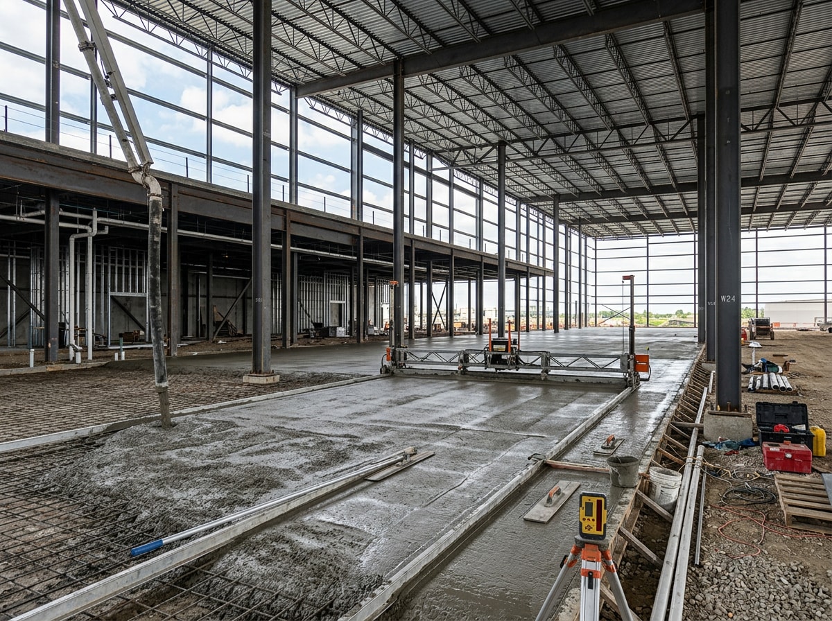 Concrete floor slab being poured at a warehouse construction site