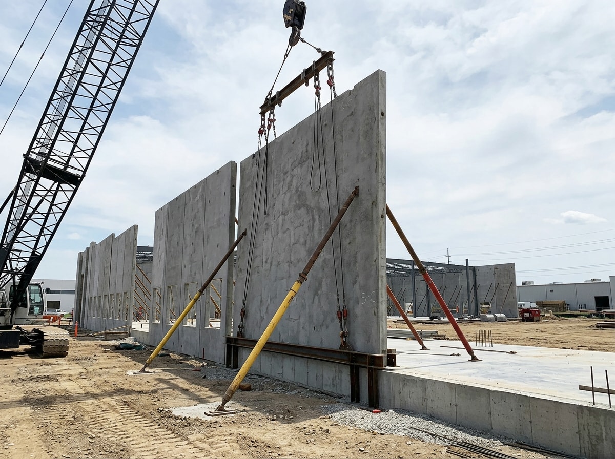 Tilt-up concrete wall panel being installed at an industrial building