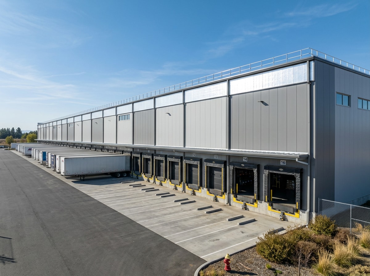 Modern high-bay warehouse exterior with loading dock area