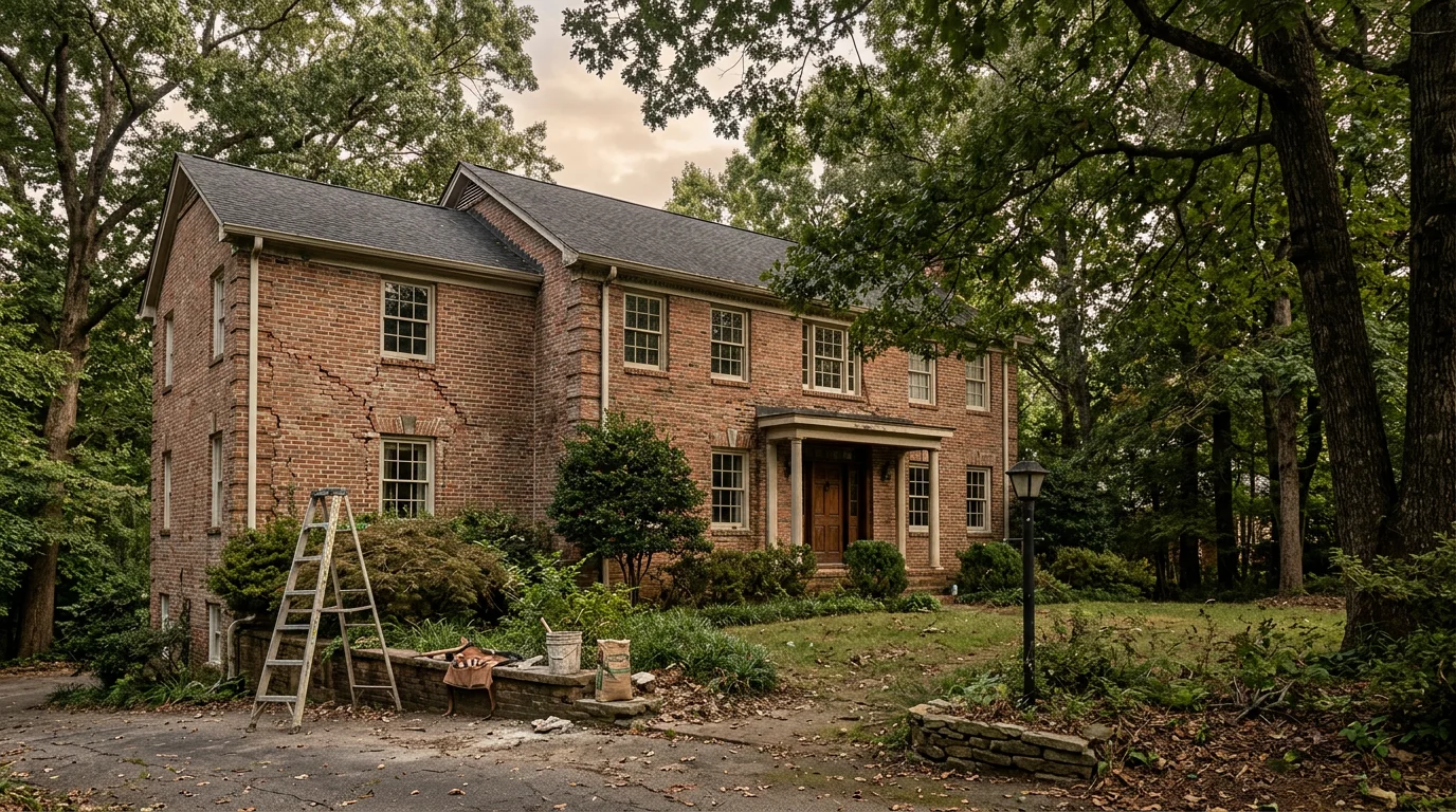 Brick home exterior in Mountain Brook, Alabama showing mortar joint deterioration on a mid-century structure surrounded by mature hardwood trees.